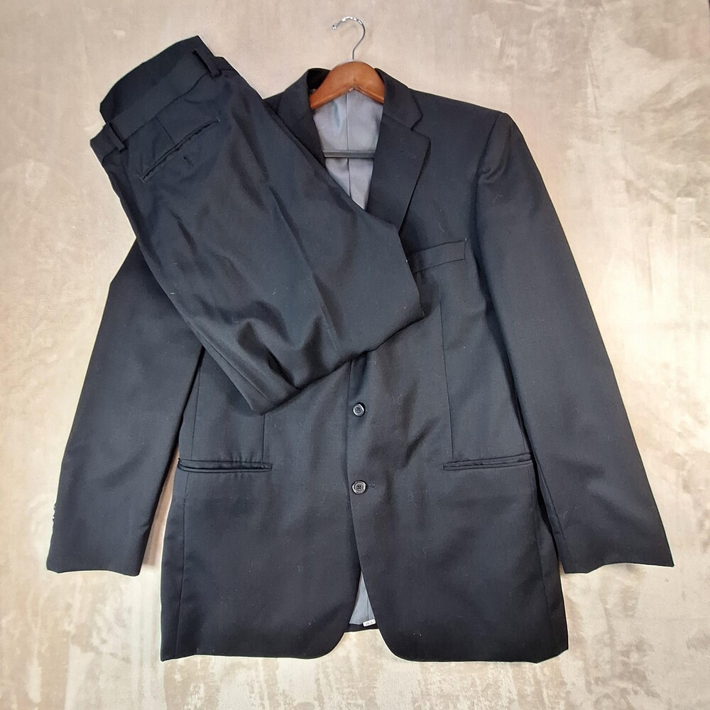Profilo Uomo Suit Mens 44L 38W Black 100% Wool Two Piece Double Vented